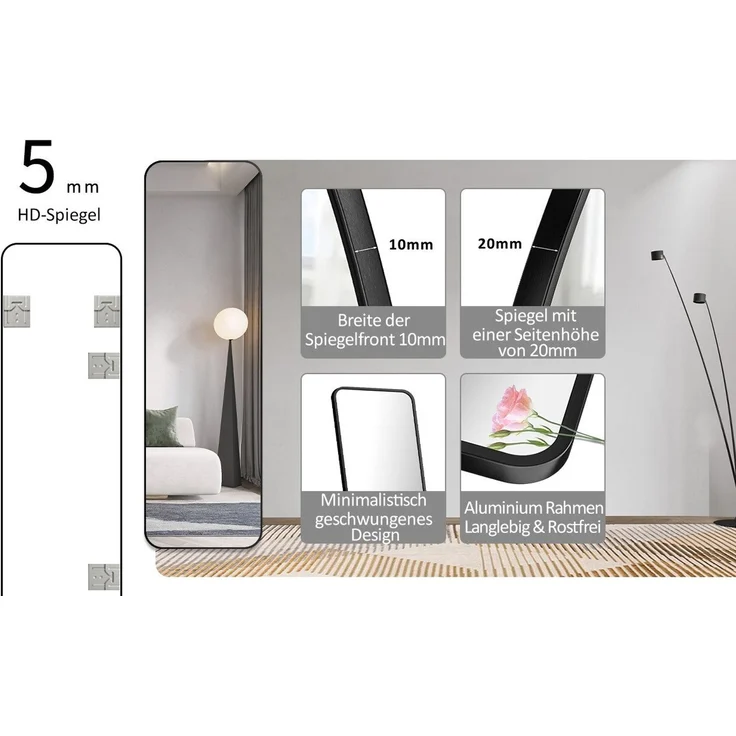 WDWRITTI Ganzkörperspiegel für Friseurladen Hotel Ganzkörperspiegel 180x80cm Spiegel groß Schwarz (Bodenspiegel Flurspiegel Rechteckig, mit Alurahmen), für Wohnzimmer Schlafzimmer Garderobe – Bild 3