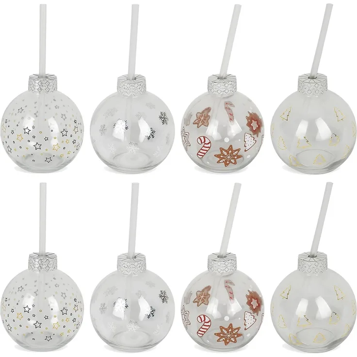 BURI Trinkglas Christbaumkugel 400ml 8er Set aus Glas mit 19cm Strohhalm Weihnachten Winter Advent Getränkegläser Party Xmas Kugelglas Festliche Deko