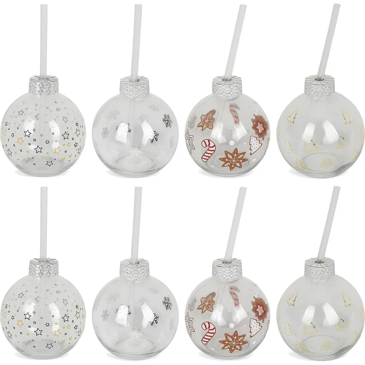 BURI Trinkglas Christbaumkugel 400ml 8er Set aus Glas mit 19cm Strohhalm Weihnachten Winter Advent Getränkegläser Party Xmas Kugelglas Festliche Deko – Bild 1