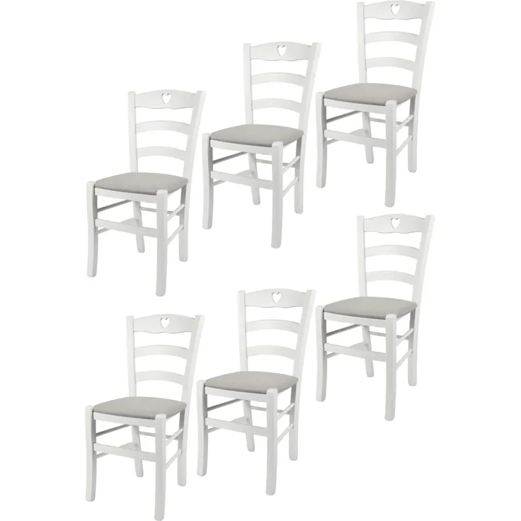 t m c s Tommychairs - 6er Set Stühle Cuore für Küche und Esszimmer, Robuste Struktur aus Buchenholz, deckend Weiss lackiert und gepolsterte Sitzfläche mit Stoff in der Farbe Perlgrau bezogen