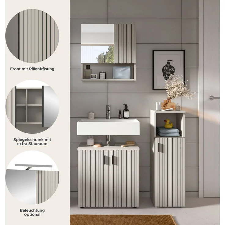 xonox. home – Badkombination Mone 105 x 180 x 30 cm in Kaschmir Nachbildung – 3-teiliges Set inkl. Waschbeckenunterschrank, Spiegelschrank & Badschrank – Stilvolle Einrichtungslösung mit kompakten Maßen – Bild 8