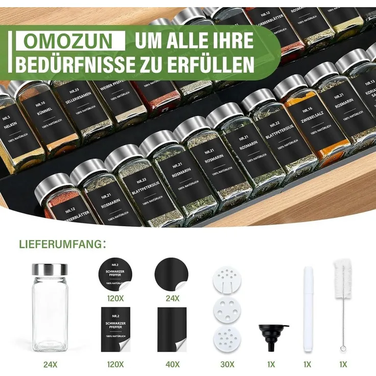 BBWL Pfefferstreuer Gewürzgläser Set eckig 120 ml mit Zubehör, 12er, 24er oder 36er Set, (24-tlg), luftdichte Gewürzdosen aus Glas mit Etiketten für Schubladen&Organizer