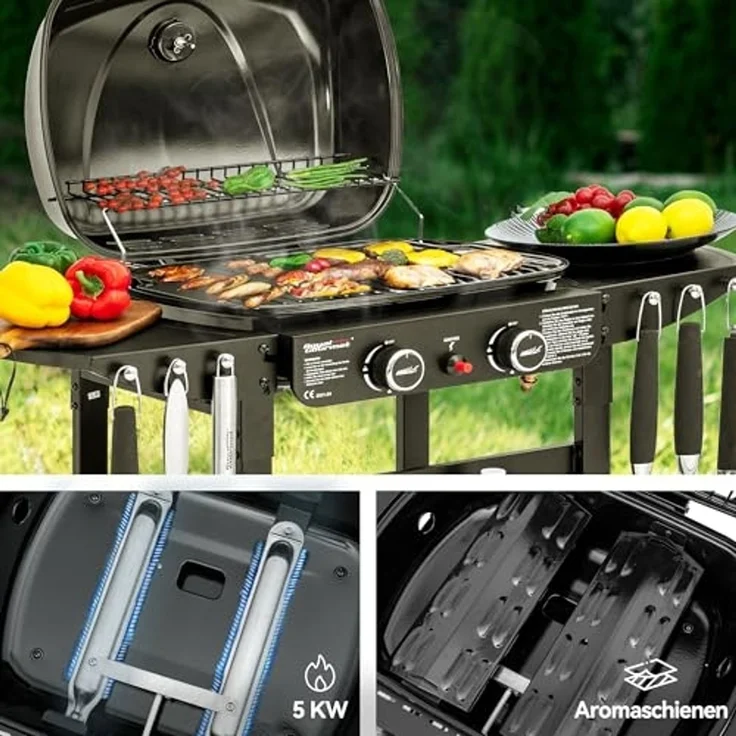Royal Gourmet 2-Brenner Gasgrill und Griddle Combo, 2 IN 1 Grillwagen mit abklappbare Seitenablagen, Ablagekorb, 5 kW Campinggrill für Garten Schwarz – Bild 5