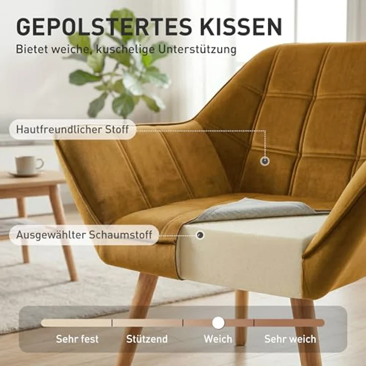 HOMCOM Relaxsessel Polstersessel mit Samtoptik, skandinavisch (Esszimmerstuhl, 1-St, Stuhl), für Wohnzimmer, Schlafzimmer, Gelb – Bild 5