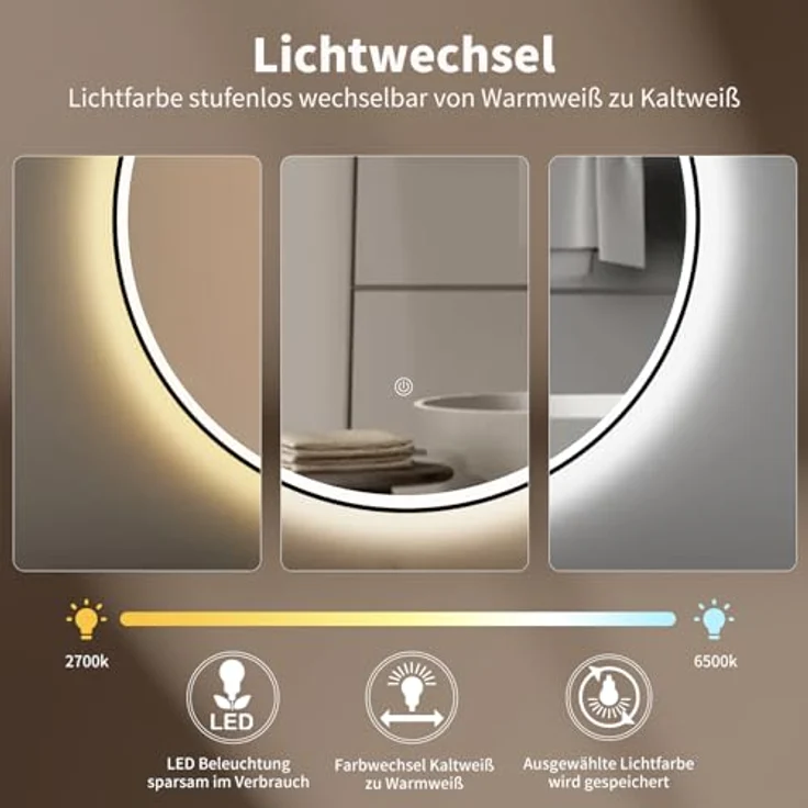 HOKO Badspiegel rund 60 cm Helsinki, LED Beleuchtung mit Touch-Schalter, schwarzer Metall Rahmen, wechselbare Lichtfarbe Warmweiß-Kaltweiß-Neutral, Antibeschlag-Funktion, IP44 – Bild 2