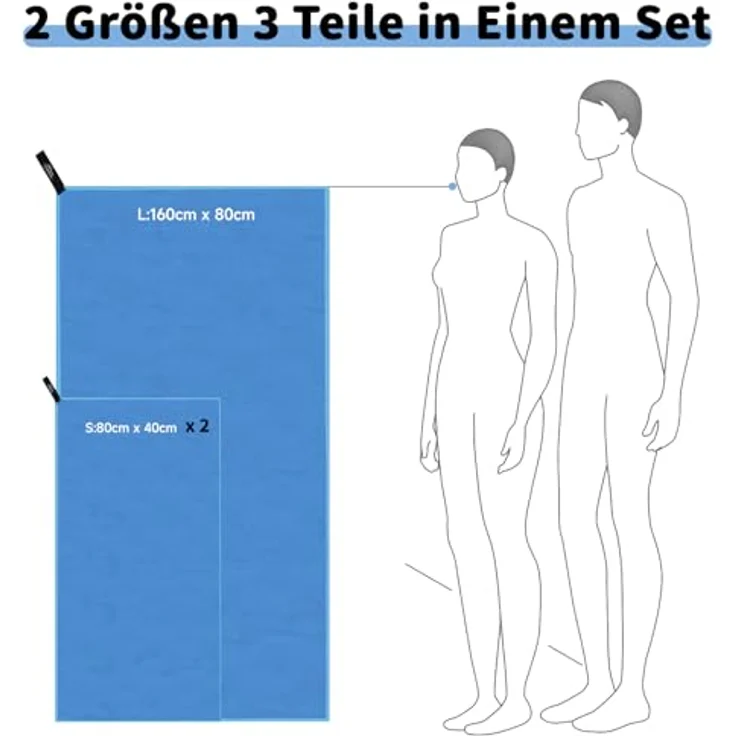 Pameil Mikrofaser Handtuch 3er Set, schnelltrocknend mit 1x 160x80cm Badetuch und 2x 80x40cm Handtüchern, ideal für Fitness und Sauna, blau – Bild 2