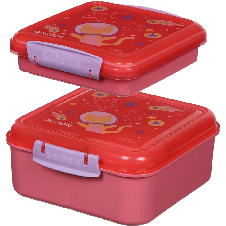 Sistema Expressions Kids Bento Brotdose Set | Bento Cube (1,25L) & Sandwich Box (450ml) | Space Kitty Popsicle