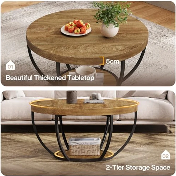 LITTLE TREE Runder Couchtisch, 81,3 cm, runder Couchtisch für Wohnzimmer, 2-stöckiger Holzakzent-Mitteltisch mit offenem Stauraum, Industrie-Design, Wohnmöbel, Hellbraun – Bild 5