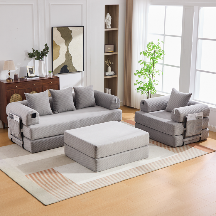 Modulares Sofa-Set aus Cord, mit Metallgestell & Seitentasche, 200x94x67 cm, Hellgrau
