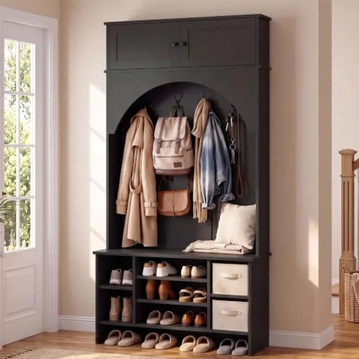 IRONCK Garderobenständer, Garderobe mit Sitzbank und Schuhregal Schwarz | Flurmöbel mit Oberschrank, 4 Dreifach-Haken und 7 Schubfächern, Kleiderständer, Eingangsmöbel für Schlafzimmer 100x35x186 cm