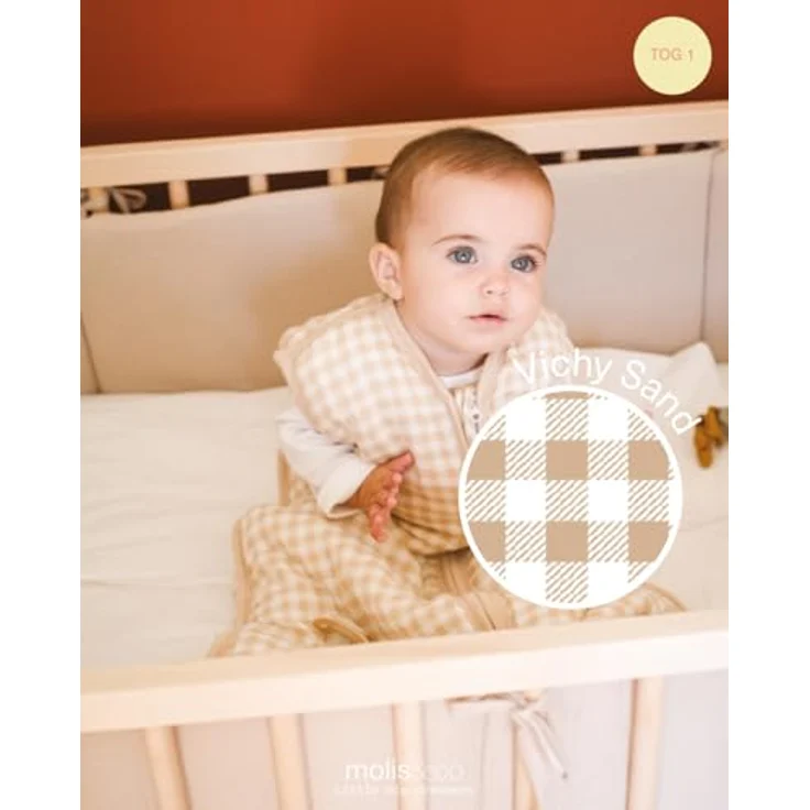 molis&co - Baby Schlafsack ärmellos - Ideal für Frühling und Herbst - Babyschlafsack 1 tog ohne Ärmel - Leicht gepolstert - Babyschlafsack Neugeborene - Premium Bambu Musselin - Vichy Sand (60 cm) – Bild 5