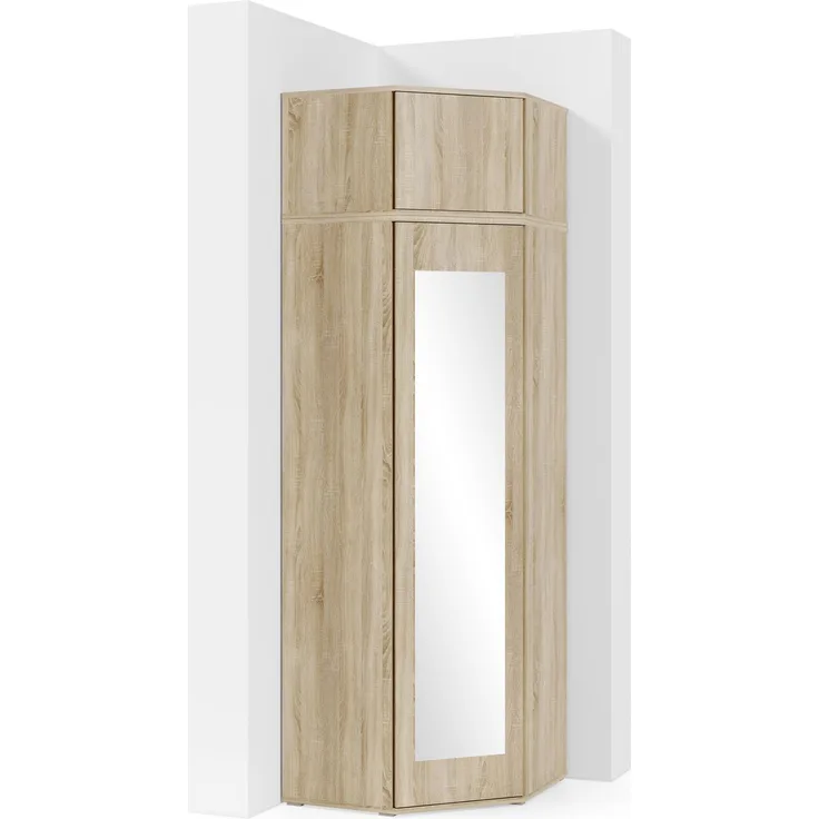 Eckschrank Modulo, Kleiderschrank mit Spiegel und Schrankaufsatz, Sonoma Eiche Matt, 225 x 70 x 70 cm