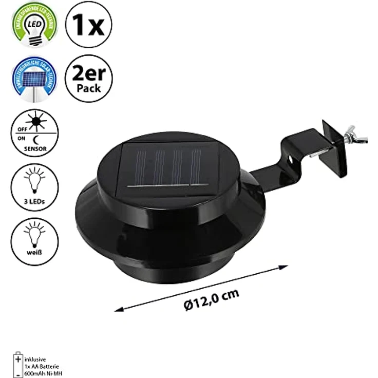 Cepewa Solar Dachrinnenleuchte, 2er Set LED Lampe aus Kunststoff und Eisen, 12x6x12cm, Outdoorbeleuchtung mit Solarpanel für bis zu 8 Stunden Licht – Bild 2