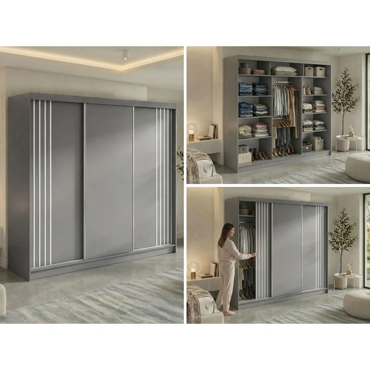 Schwebetürenschrank NAURU mit Lamellen-Optik, moderner Kleiderschrank, Breite 240 cm, inkl. Innenausstattung & Stauraum, Akustikpaneel-Design - Grau und Weiß – Bild 2