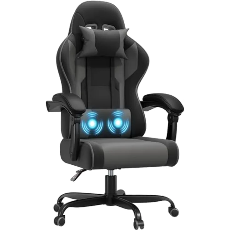 JUMMICO Gaming Stuhl mit Massagefunktion & 135° Rückenlehne, Ergonomischer Bürostuhl für Gaming und Homeoffice, Gaming Bürostuhl Belastbar bis 150 kg, Grau