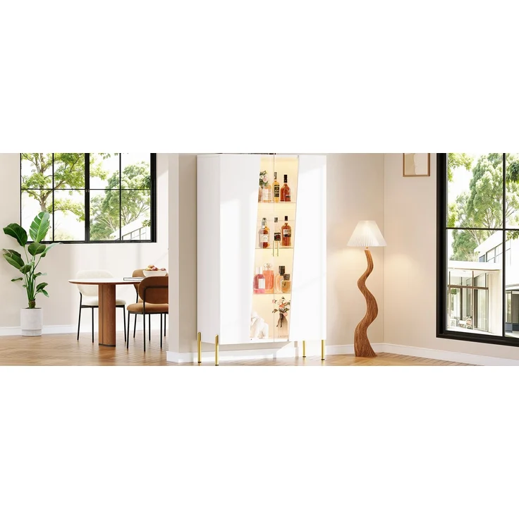 ZUBALIYA LED-Beleuchteter Glasschrank 72 x 40 x 145 cm, mit asymmetrischer gehärteter Glastür, 3 Glasböden, Metallgriff und Metallfüßen, als Vitrine, Esszimmerschrank, Bücherregal,Weiß – Bild 17