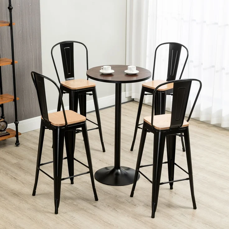 4er-Set Barhocker im Industriestil mit Rückenlehne und Fußstütze, Sitzhöhe 76 cm, schwarzes Metall, mehrschichtige Platten in heller Holzoptik – Bild 4
