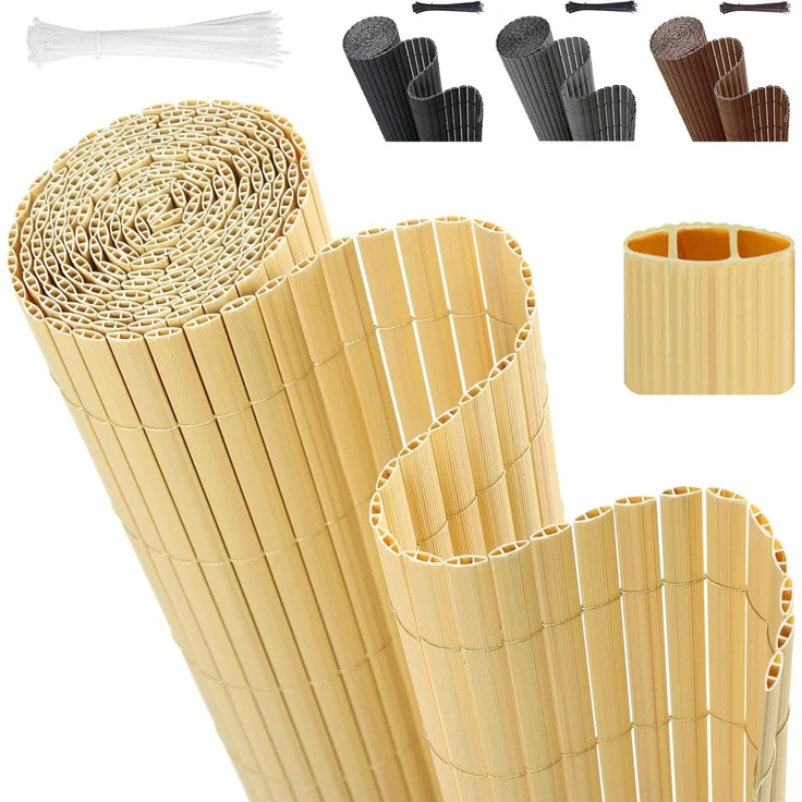 Sekey PVC Sichtschutzmatte 80x500cm Doppelte Verstärkung Innen, Balkon Sichtschutz mit Kabelbindern, Sichtschutzzaun Windschutz Wasserdicht ohne Bohren für Balkon Garten, Bambus – Bild 1