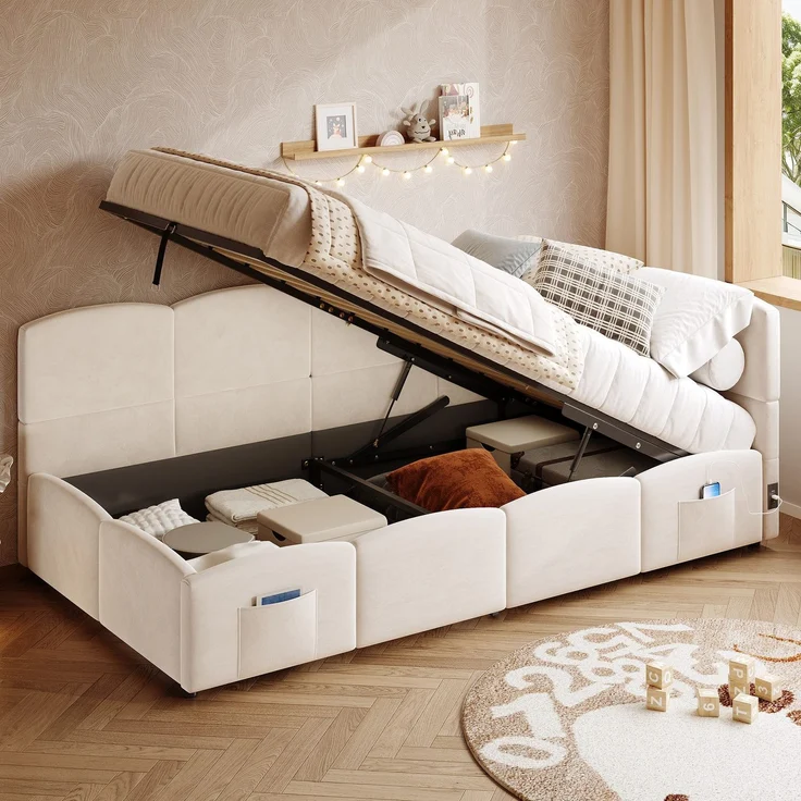 Polsterbett mit Aufbewahrung, Taschen, Lattenrost, USB und Type-C, 90x200 cm, Einzelbett mit gepolstertem Kopfteil, Samt – Bild 1