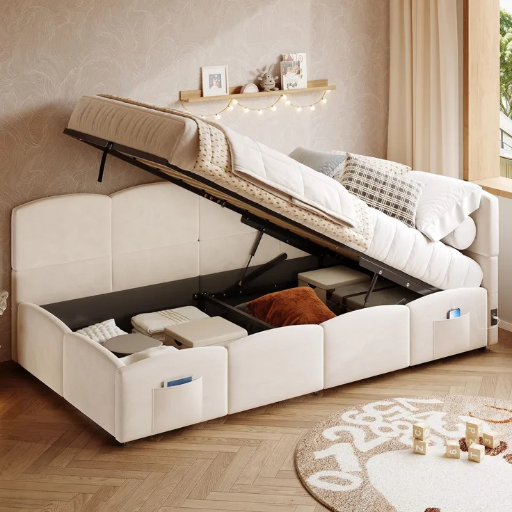 Polsterbett mit Aufbewahrung, Taschen, Lattenrost, USB und Type-C, 90x200 cm, Einzelbett mit gepolstertem Kopfteil, Samt