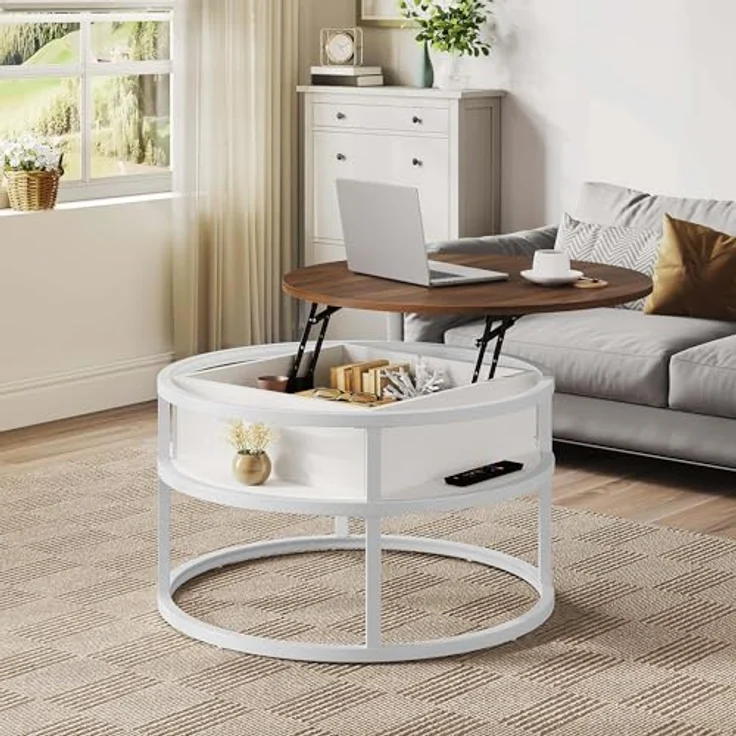 YITAHOME Couchtisch Rund mit Hebeplatte, Wohnzimmertisch mit verstecktem Ablagefach, Beistelltisch Rund mit Stauraum für Home Office, Runder Mitteltische Wohnzimmer, Weiße Eiche – Bild 8