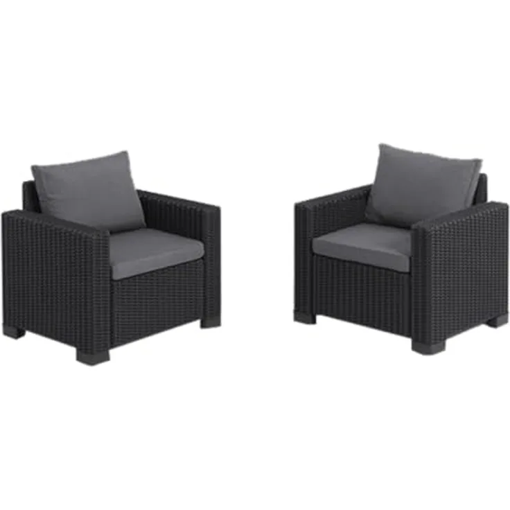 Allibert by Keter Gartenlounge Sessel California, graphit/cool grey, 2er Set, inkl. Sitz- und Rückenkissen, Kunststoff, runde Rattanoptik, 83 x 68 x 72 cm