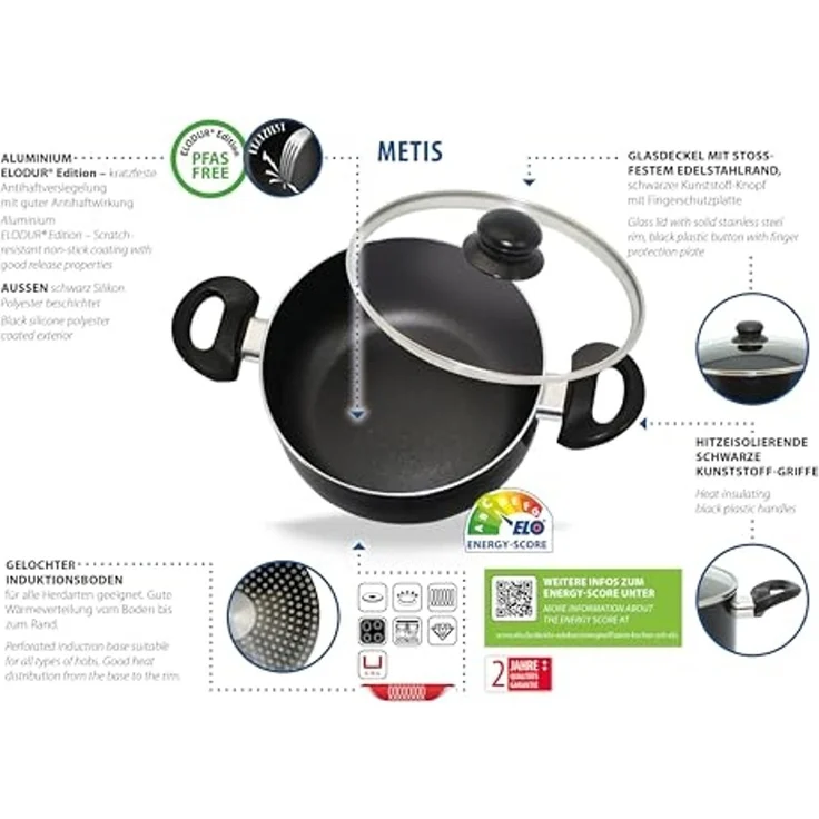 Elo Topf-Set METIS, 4-teilig, Schwarz, mit Glasdeckel, Aluminium, 3 Kochtöpfe und 1 Stielkasserolle – Bild 2