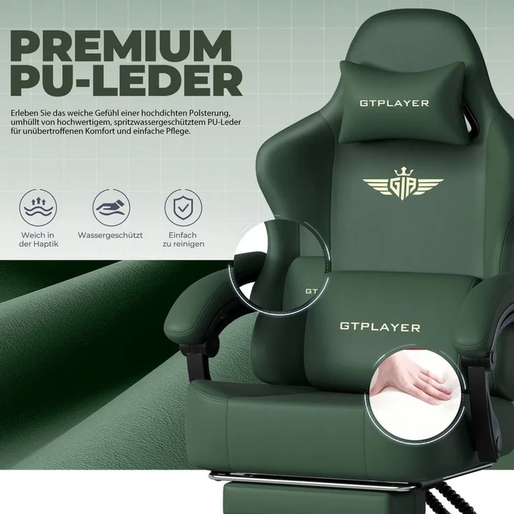 GTPLAYER Gaming-Stuhl Atmungsaktiver Bürostuhl, ergonomisch Hochwertiger - Stoff/Kunstleder, 160° Verstellbare Rückenlehne und ausziehbare Fußstütze