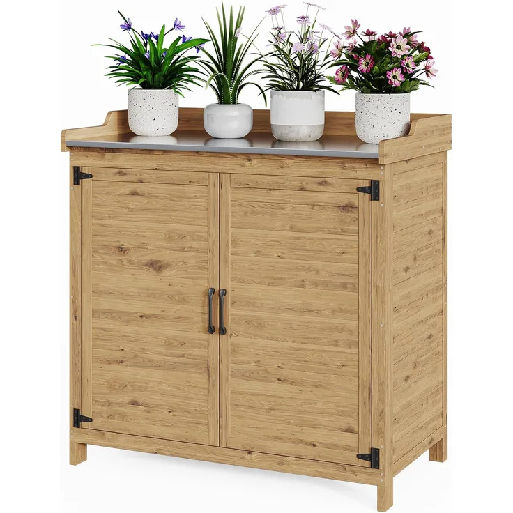 Bealife Pflanztisch mit Unterschrank, Gartenschrank mit Arbeitsplatte mit 1 Bewegbarer Einlegeboden für den Innen- und Außenbereich (Natur, 48T x 98B x 95H)