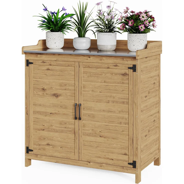 Bealife Pflanztisch mit Unterschrank, Gartenschrank mit Arbeitsplatte mit 1 Bewegbarer Einlegeboden für den Innen- und Außenbereich (Natur, 48T x 98B x 95H)