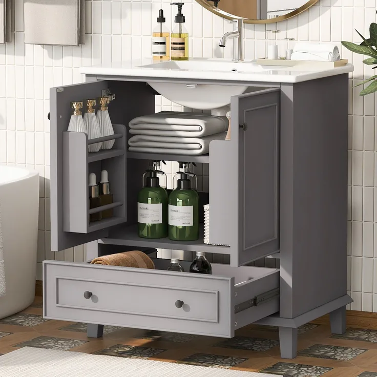 Badezimmerschrank 76 x 46 x 87 cm mit Keramikbecken, viel Stauraum & Massivholzbeinen – Moderner Waschtischschrank,Grau