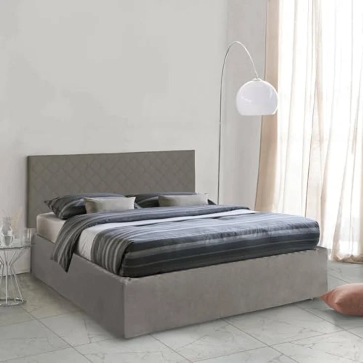 Talamo Italia - Clementina-Doppelbett, Kopfteilset aus Öko-Leder mit orthopädischer Basis und Volant, 100 % Made in Italy, geeignet für eine Matratze 160x190 cm, taubengrau – Bild 1