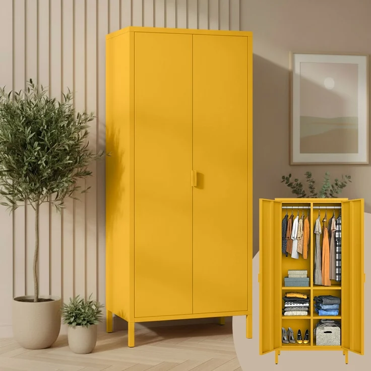skølm 'Ituri' Kleiderschrank, Metall, 170x45x80 cm, senfgelb, Garderobe mit 4 Fächern und 2 Kleiderstangen – Bild 1