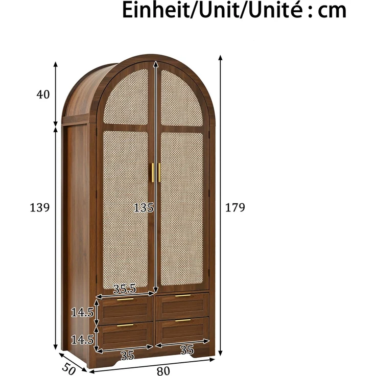Kleiderschrank aus MDF mit geschwungenen Türen, Rattan-Optik, Schubladen, 80x50x179 cm, Walnut – Bild 9