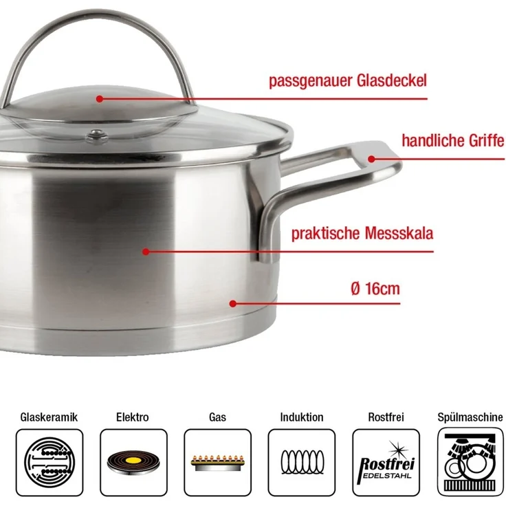 EUROHOME Kochtopf Schmortopf mit Glasdeckel passgenau und induktionsgeeignet, Edelstahl (1-tlg, Kochtopf Edelstahl Ø16 cm), Topf alle Herdarten, Universaltop mit Messskala – Bild 2