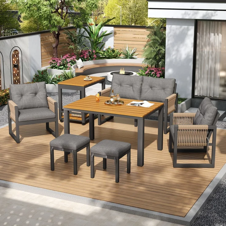 Modernes Outdoor-Sofa-Set , Freizeit- und Besprechungsset für mehrere Personen , Eisengestell , Geflochtene Armlehnen , Inklusive Sitzkissen , Multifunktionaler Tisch – Bild 3