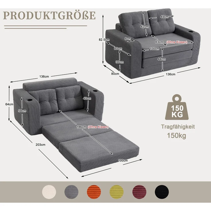 LVHOM 2-Sitzer Sofa aus Cordstoff – Montagefrei, Multifunktionales Schlafsofa mit Getränkehaltern und Seitentaschen, klappbares Gästebett, Grau – Bild 6