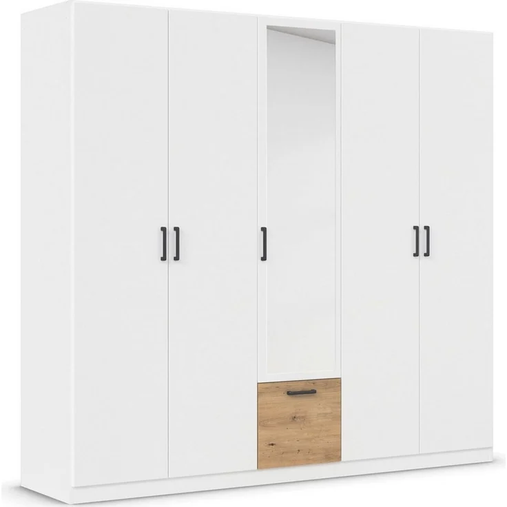 Rauch Möbel Bari, Drehtürenschrank, 5-türig, Kleiderschrank Weiß/Eiche Artisan, 1 Schublade, mit Spiegel, 226 x 210 x 54 cm – Bild 1