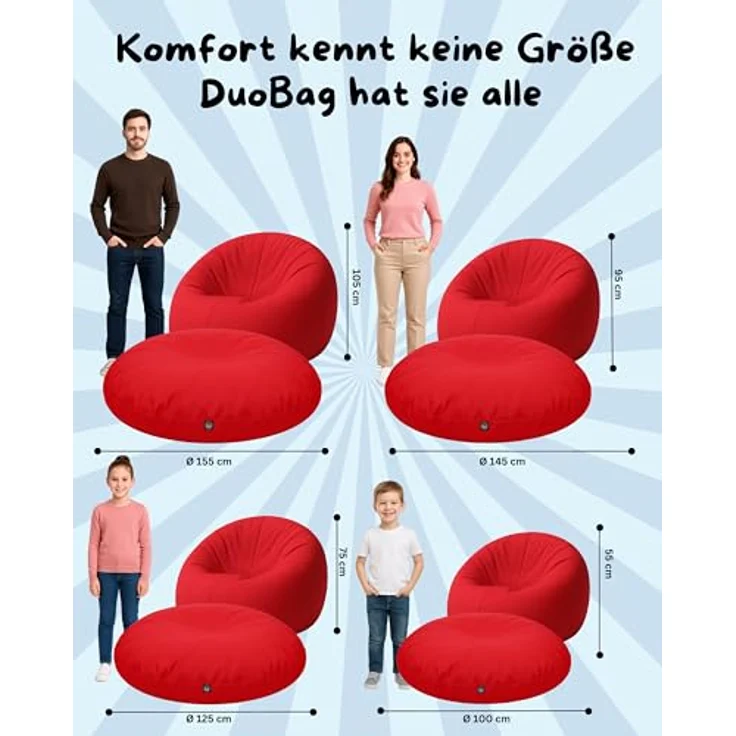 PATCH HOME 2-in-1 Sitzsack Sessel - Gaming Bean Bag mit Reißverschluss - Bereits befüllt, Ergonomisch & Robust für Kinder & Erwachsene - Indoor & Outdoor, Wetterfest (Rot, 155cm) – Bild 3