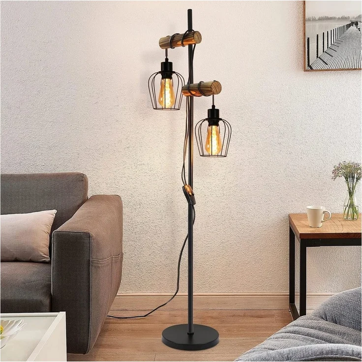 Nettlife Stehlampe Stehleuchte 2 Flammig schwarz Vintage aus Holz 151cm, mit Kippschalter, LED wechselbar, für Wohnzimmer schlafzimmer Esszimmer Büro – Bild 1