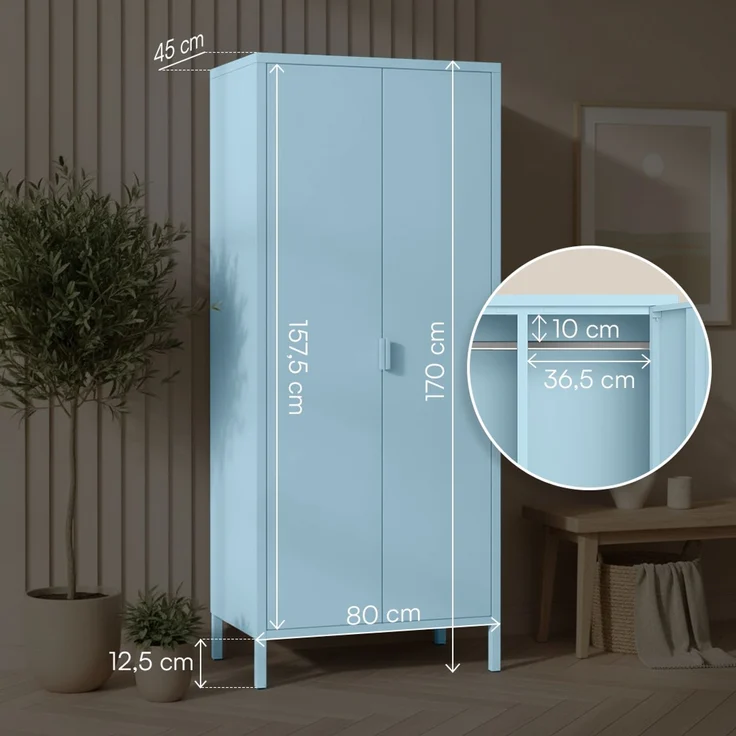 skølm 'Ituri' Kleiderschrank, Metall, 170x45x80 cm, blau, Garderobe mit 4 Fächern und 2 Kleiderstangen – Bild 6