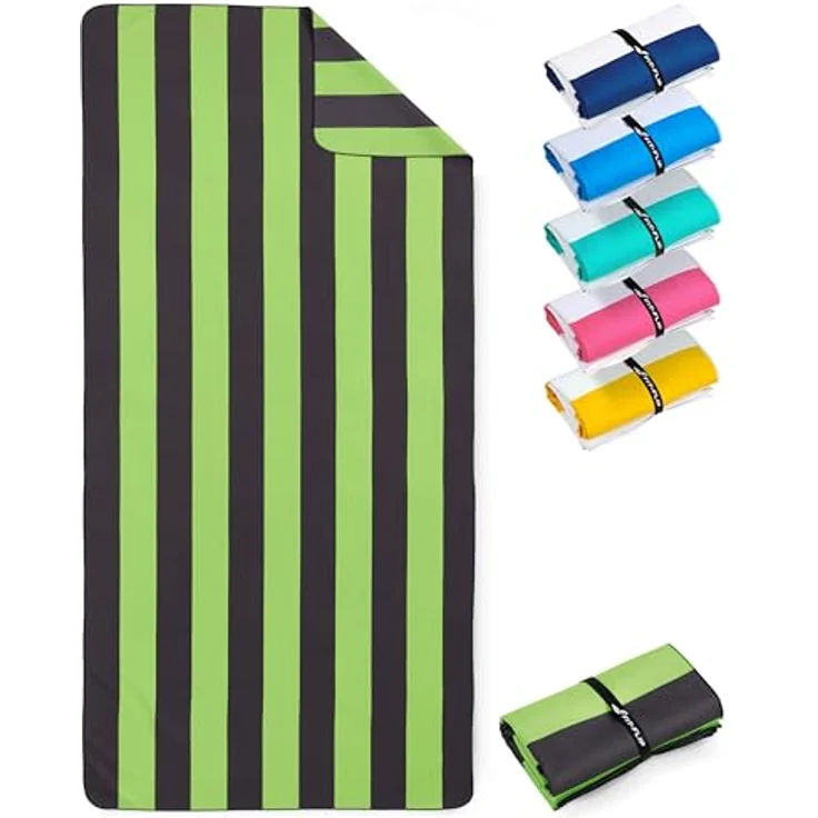 Fit-Flip Strandtuch XXL Mikrofaser, leicht, schnelltrocknend, 100% recyceltes Handtuch, Grün-Dunkelgrau gestreift, 200x90cm – Bild 1