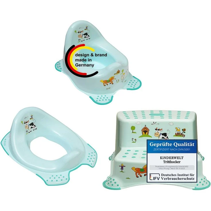 KiNDERWELT Tritthocker 3er Set Funny Farm aquamarin: Kindertopf + WC Aufsatz + zweistufiger (3 St) – Bild 1