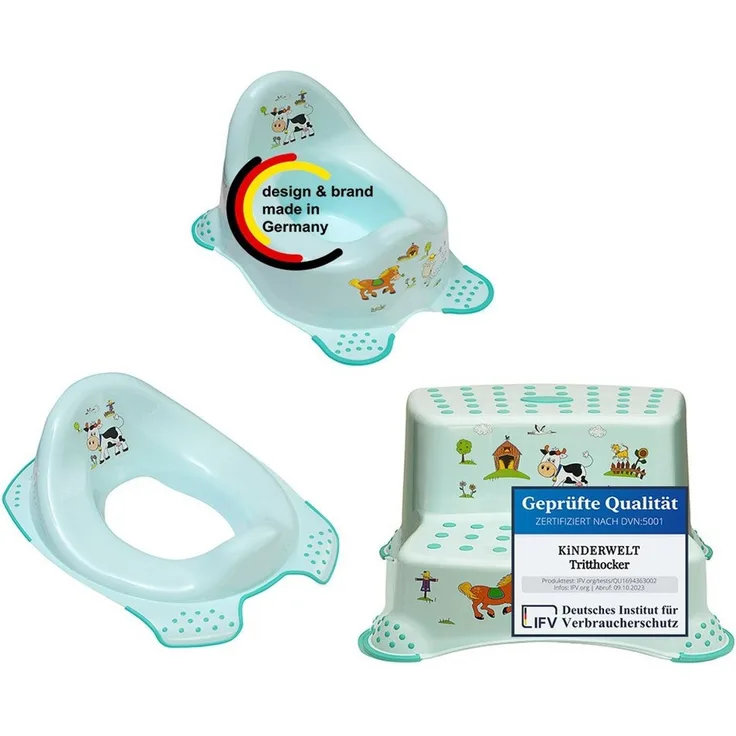 KiNDERWELT Tritthocker 3er Set Funny Farm aquamarin: Kindertopf + WC Aufsatz + zweistufiger (3 St)