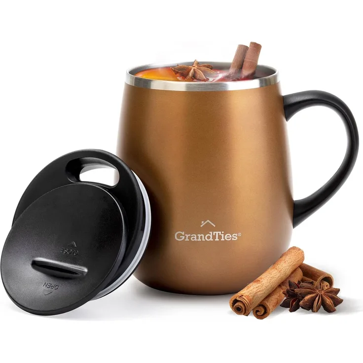 Grandties Isolierter Kaffeebecher mit Griff – Schiebedeckel für spritzwassergeschützte 460 ml-Form Thermosbecher mit doppelwandigem Vakuum-Edelstahl, hält Getränke heiß & kalt – Cognac Metallic