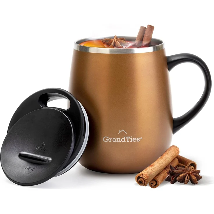 Grandties Isolierter Kaffeebecher mit Griff – Schiebedeckel für spritzwassergeschützte 460 ml-Form Thermosbecher mit doppelwandigem Vakuum-Edelstahl, hält Getränke heiß & kalt – Cognac Metallic
