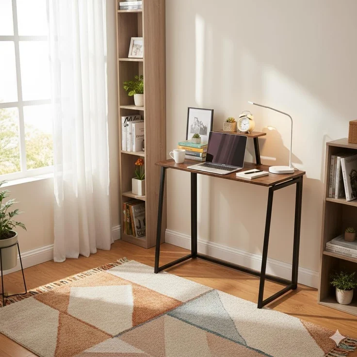 FurnitureR Klappbarer Schreibtisch mit Monitorständer, platzsparender Computertisch aus Holz und Metall im Industrial Design, zusammenklappbarer Arbeitstisch für Home Office, 80×40×75 cm,Vintage Braun – Bild 3