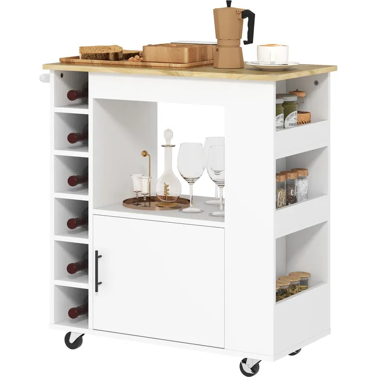 Küchenwagen mit Rollen, Ablagen, Schrank und Flaschenhalter, 83 x 40 x 83 cm, Eiche