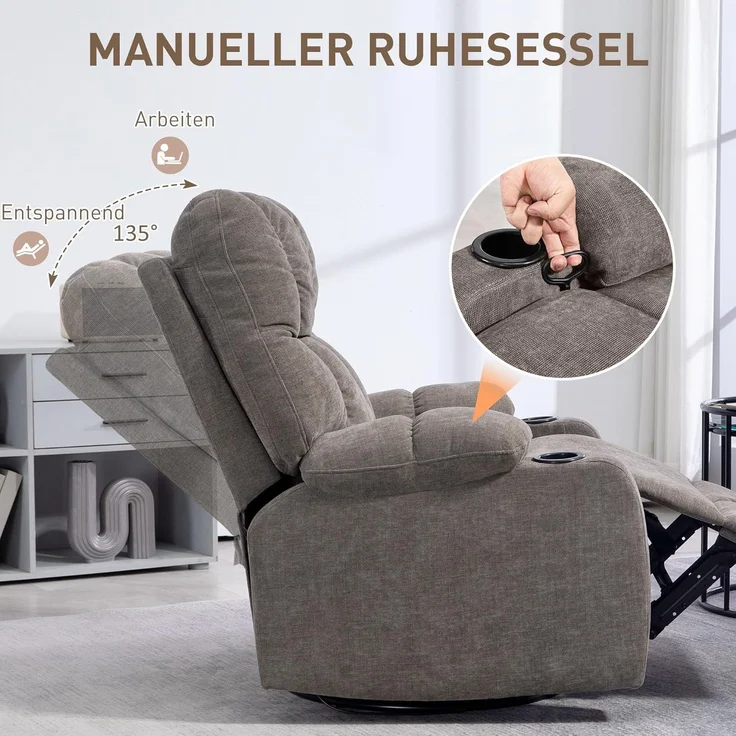 HOMCOM Relaxsessel Schaukelstuhl mit verstellbarer Beinauflage, Seitentasche (TV-Sessel, 1-St, Ruhesessel), für Wohnzimmer, Braun – Bild 4