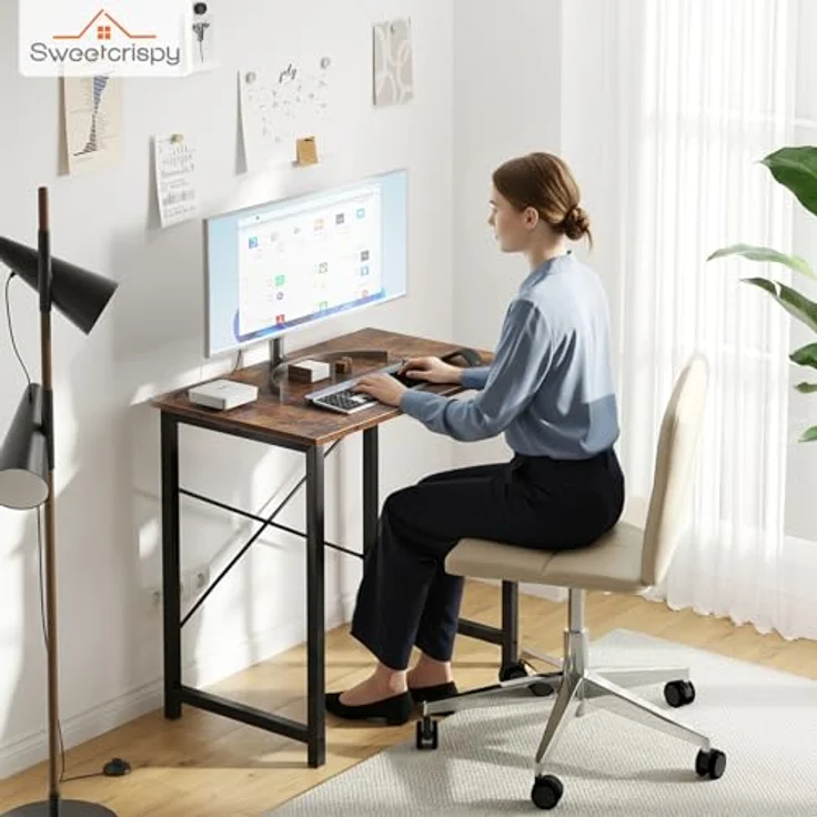 Sweetcrispy Schreibtisch, Kleiner Tisch 80 x 50 x 75.4cm (31in), Computertisch Metallgestell‌, Bürotisch für Arbeitszimmer, Schlafzimmer, Wohnzimmer, Study Table Desk, Braun – Bild 5
